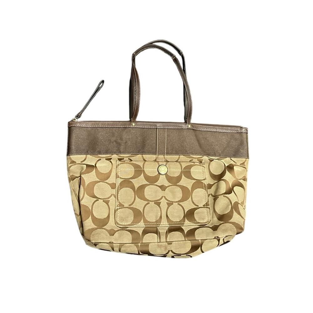 Coach Signature Khaki Brown Canvas Jacquard Hampton Tote Shoulder Bag Y2K